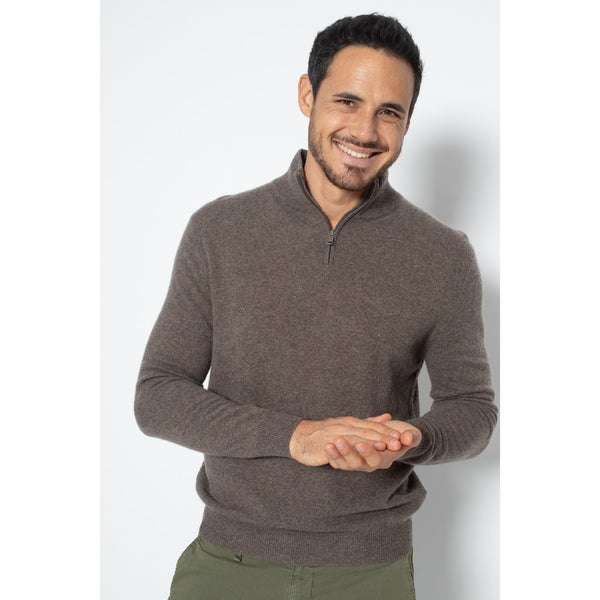 Pull Col Zippé Ambin Taupe, Jersey, 100% Cachemire, 2 Fils - Homme