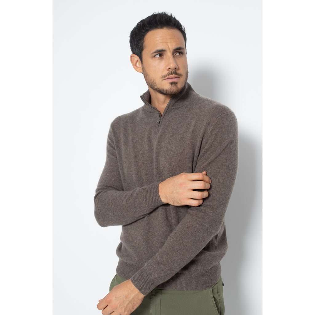 Pull Col Zippé Ambin Taupe, Jersey, 100% Cachemire, 2 Fils - Homme