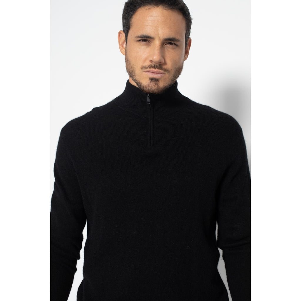 Pull Col Zippé Ambin Noir, Jersey, 100% Cachemire, 2 Fils - Homme