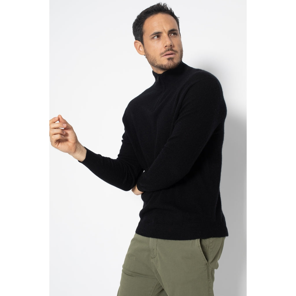 Pull Col Zippé Ambin Noir, Jersey, 100% Cachemire, 2 Fils - Homme