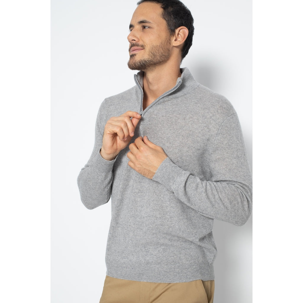 Pull Col Zippé Ambin Gris Chiné, Jersey, 100% Cachemire, 2 Fils - Homme