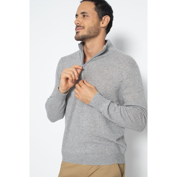 Pull Col Zippé Ambin Gris Chiné, Jersey, 100% Cachemire, 2 Fils - Homme