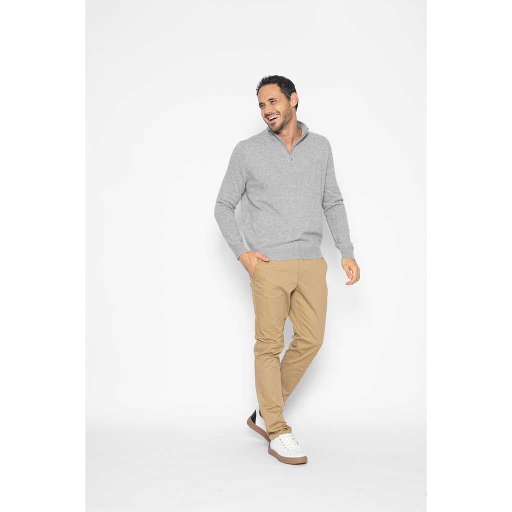 Pull Col Zippé Ambin Gris Chiné, Jersey, 100% Cachemire, 2 Fils - Homme