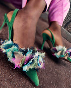 Ella Sling In Green Suede & Multicolor Organza