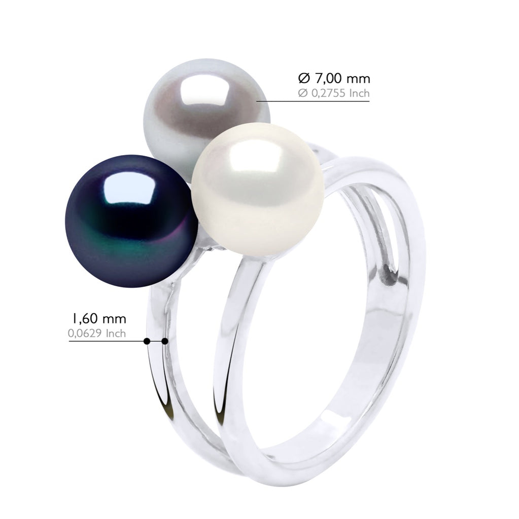 Bague Trilogie - Perles Rondes 7-8 Mm - Plusieurs Coloris - Argent 925 - Mandelieu