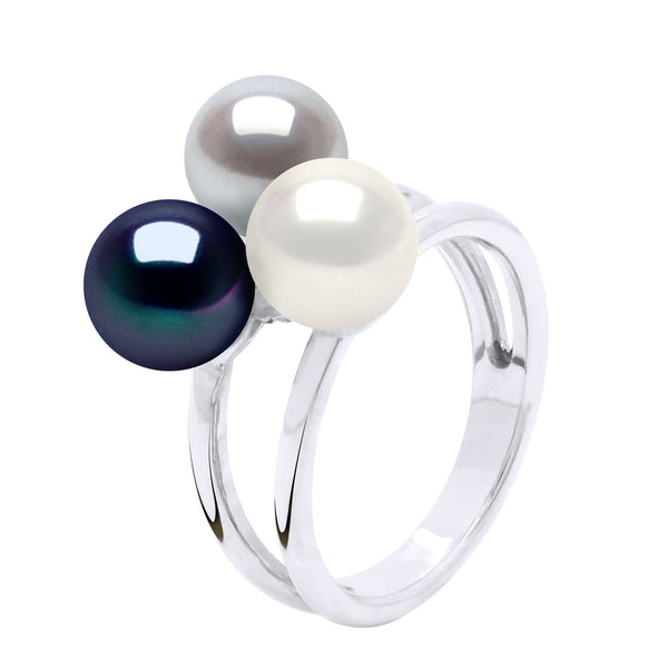 Bague Trilogie - Perles Rondes 7-8 Mm - Plusieurs Coloris - Argent 925 - Mandelieu