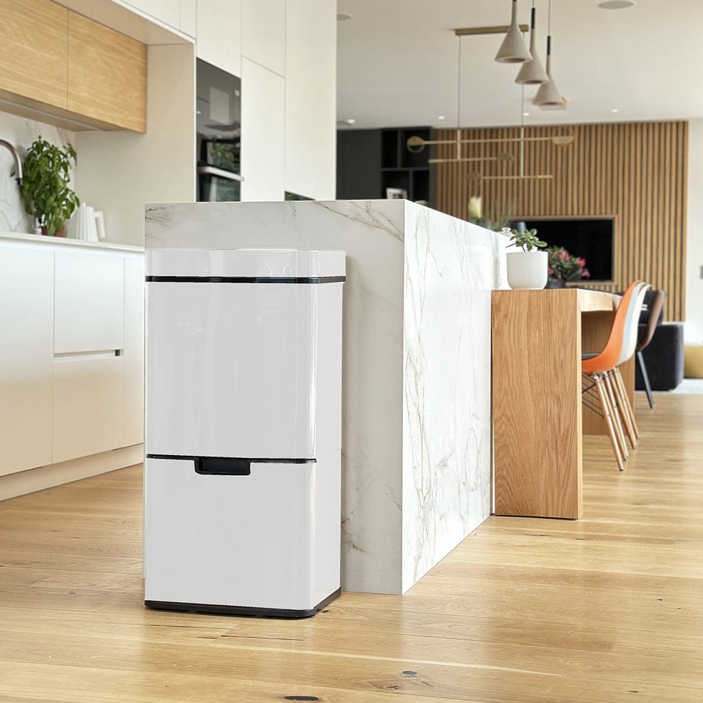 Poubelle De Cuisine Automatique Tri Sélectif Double Compartiment 75l NARVIK BLANCHE White mat Recyclage Grande Capacité Et Poubelle De Table 3l