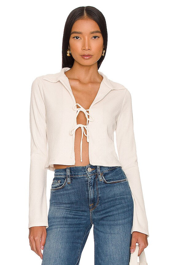 Top Bell Sleeve Rib Polo - Bone