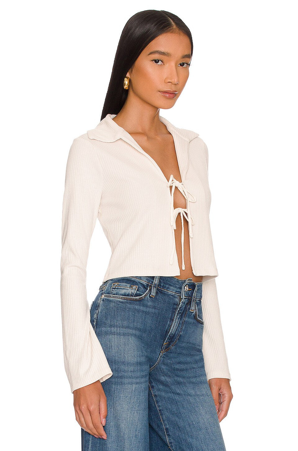 Top Bell Sleeve Rib Polo - Bone