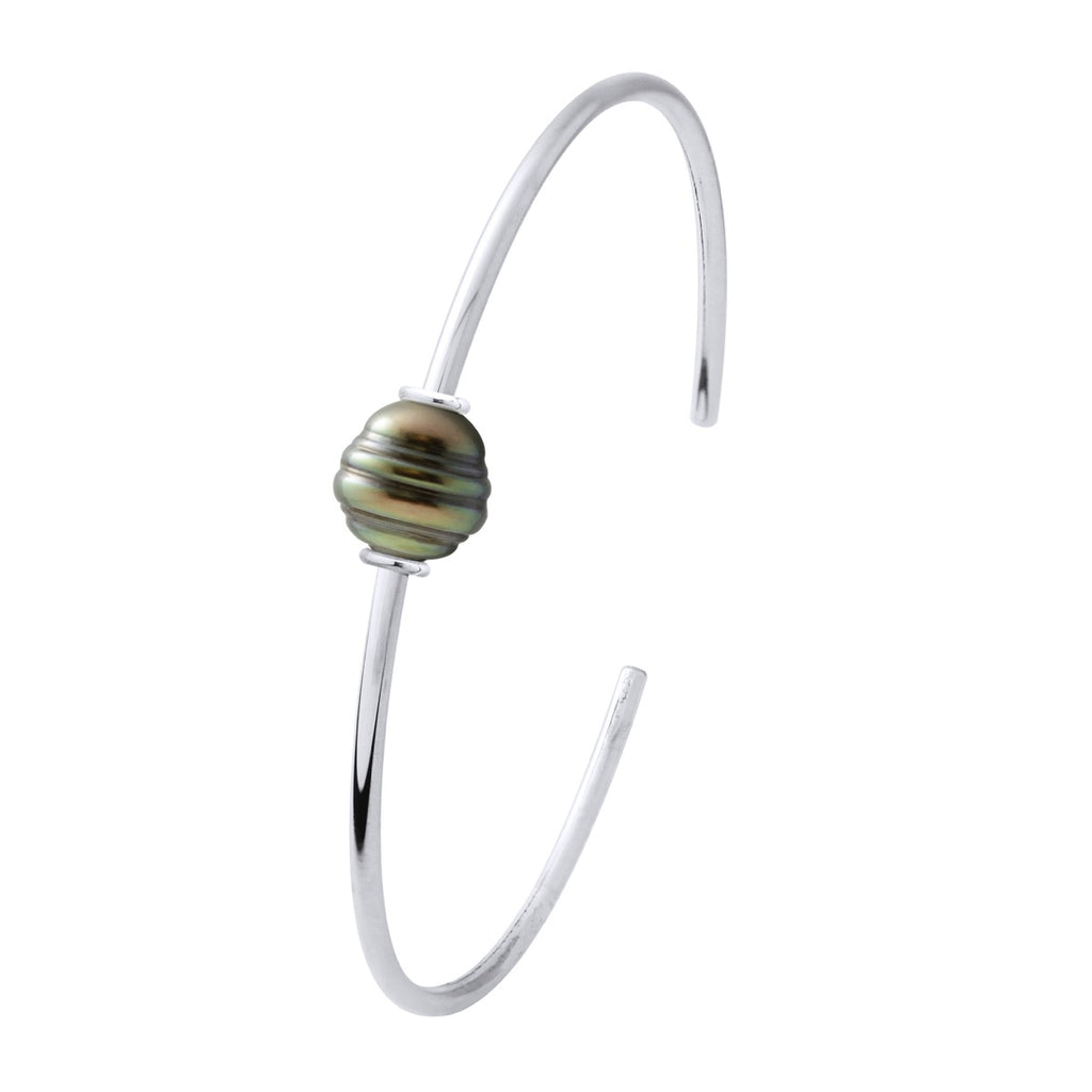 Bracelet Jonc - Argent 925 Millièmes - Véritable Perle De Culture De Tahiti Cerclée 9-10 Mm