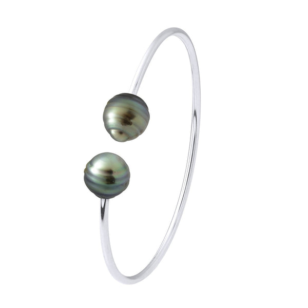 Bracelet Jonc - Argent 925 Millièmes - 2 Véritables Perles De Culture De Tahiti Cerclées 9-10 Mm