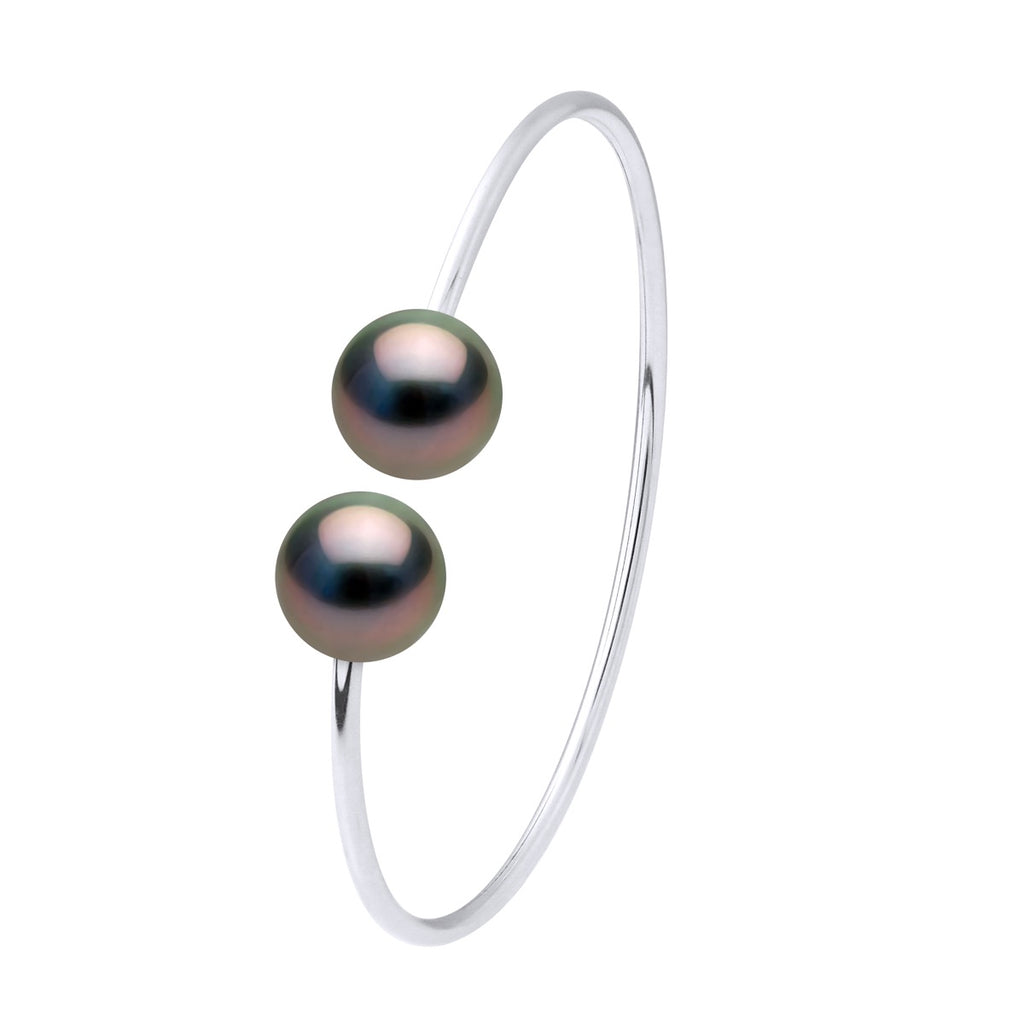 Bracelet Jonc Semi Rigide - Argent 925 Millièmes - 2 Véritables Perles De Culture De Tahiti Rondes 9-10 Mm