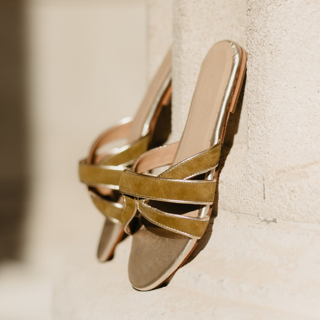 Mules Myrtice - Olive Et Platinium