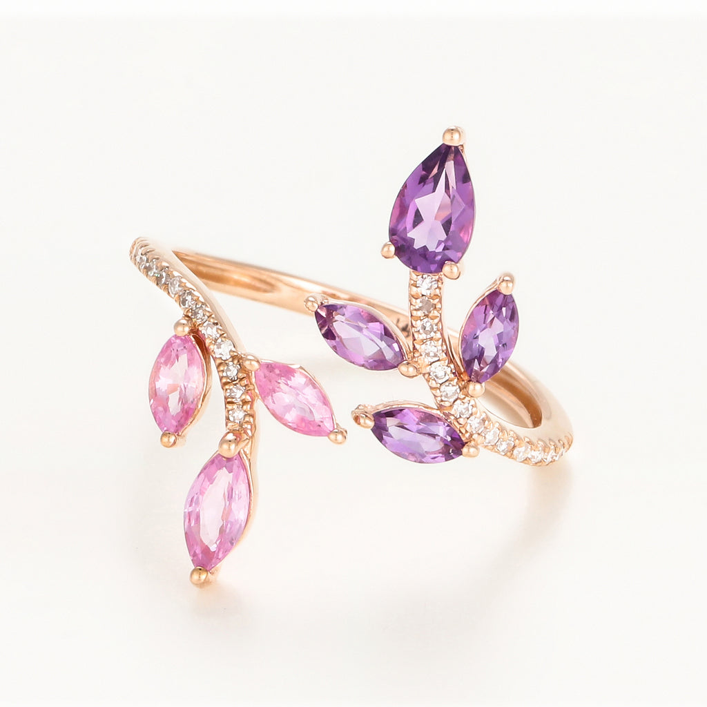 Bague Diamants "Flamboyant" 0,09/29, Améthyste 0,38/4 et Saphir Rose 0,0,35/3