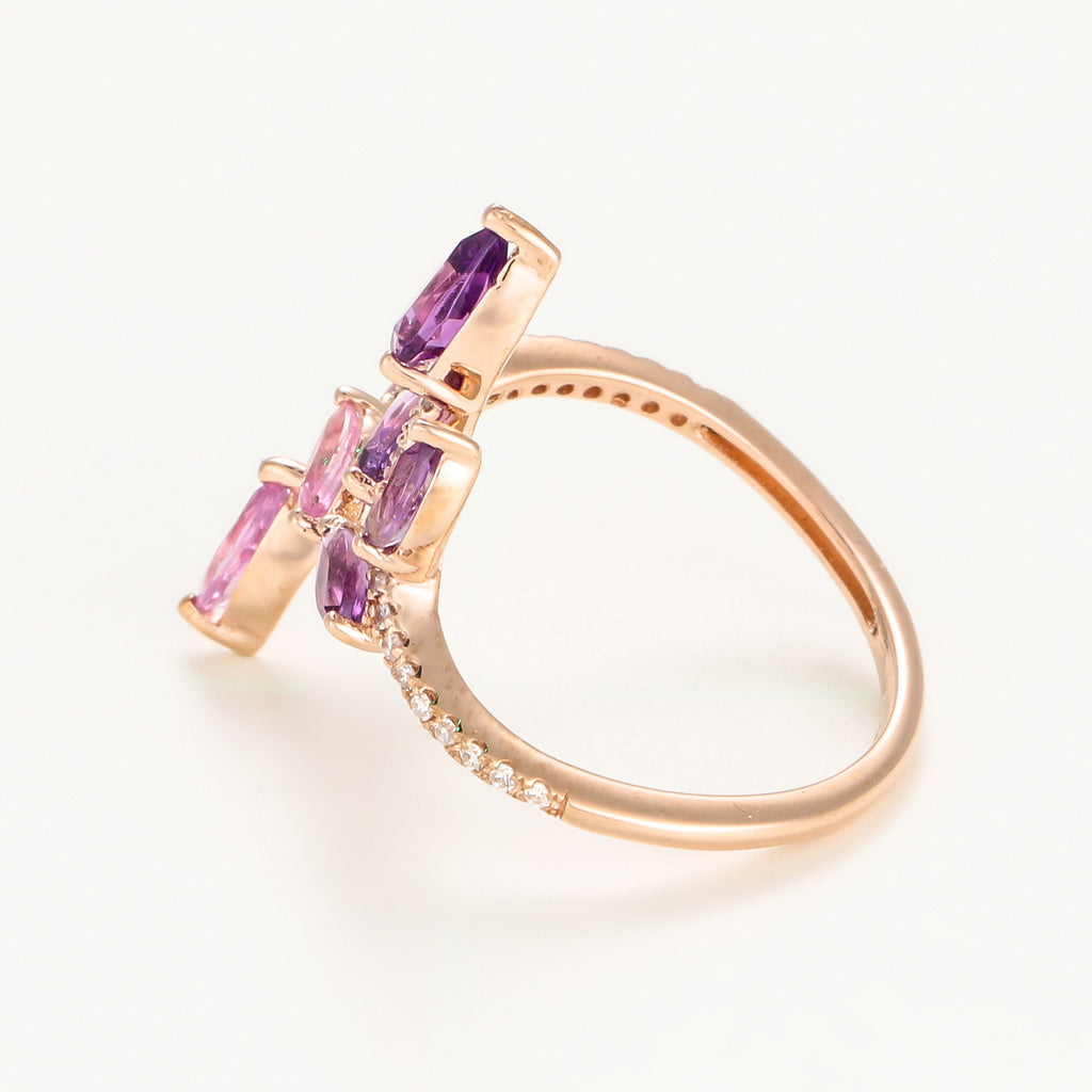 Bague Diamants "Flamboyant" 0,09/29, Améthyste 0,38/4 et Saphir Rose 0,0,35/3