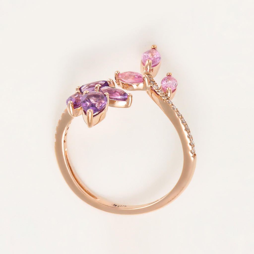 Bague Diamants "Flamboyant" 0,09/29, Améthyste 0,38/4 et Saphir Rose 0,0,35/3