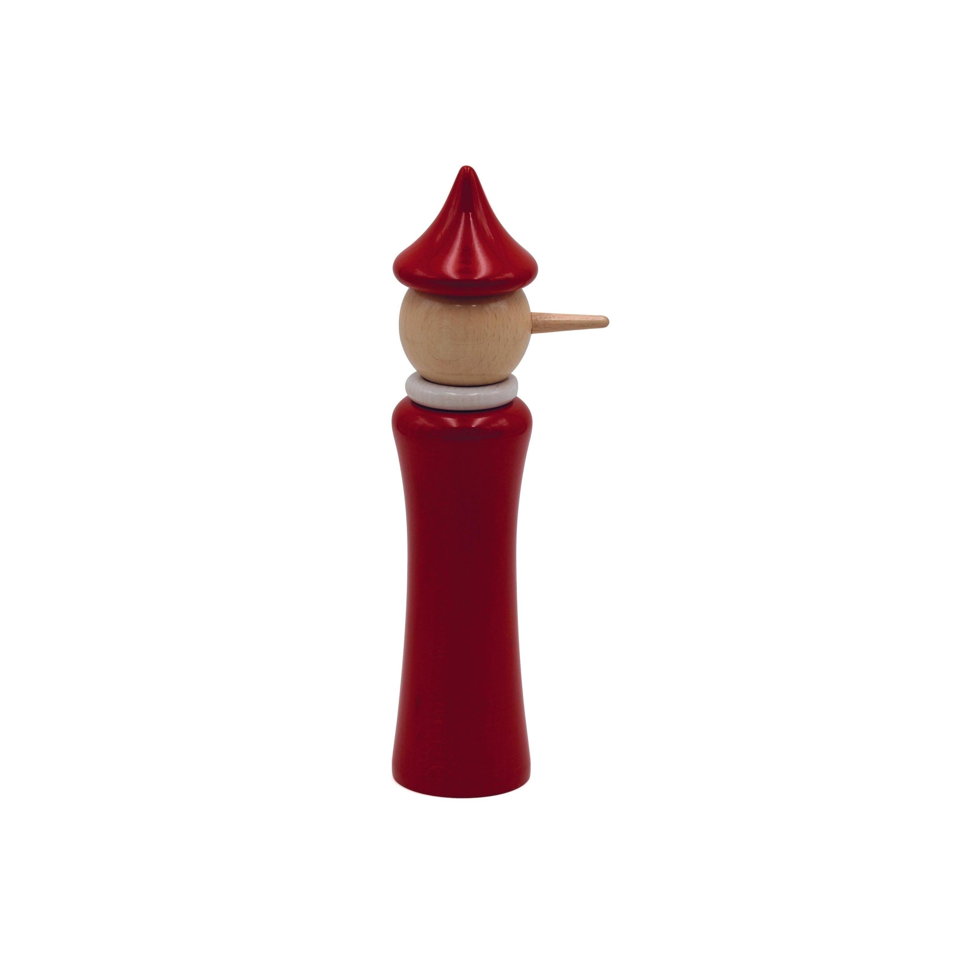 Moulin À Épices « Pinocchio » En Hêtre Laqué Naturel / Col Rouge / Blanc