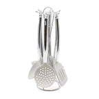 Ensemble De 6 Ustensiles De Cuisine En Silicone Blanc Pierre Avec Support Métallique.