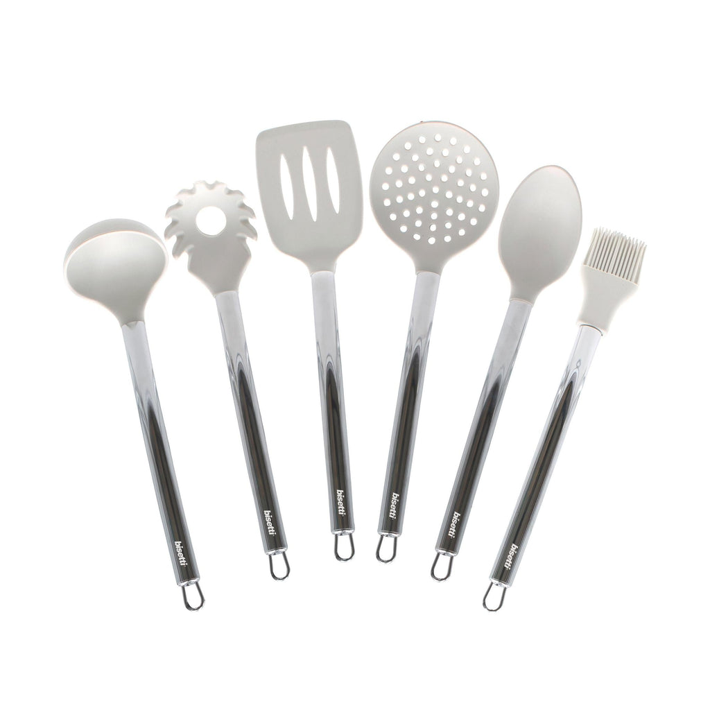 Ensemble De 6 Ustensiles De Cuisine En Silicone Blanc Pierre Avec Support Métallique.