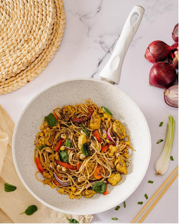 Soucoupe Wok/Pâtes Ø 28 Cm Poignée En Bois Blanc Naturel « Stonewhite »