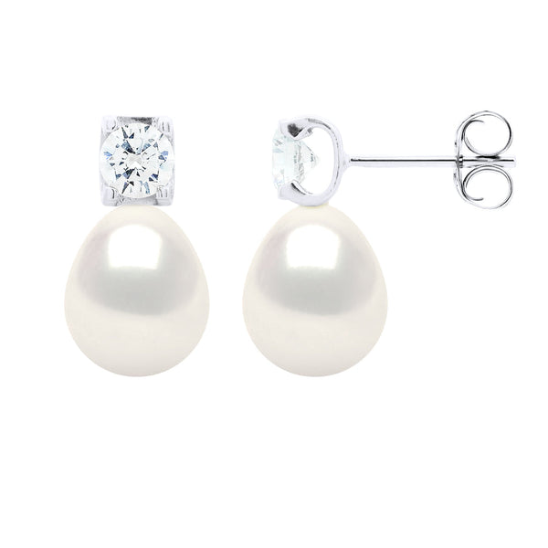 Boucles D'Oreilles Solitaire Et Perles Poires 9-10 Mm - Argent 925 - Coudrian