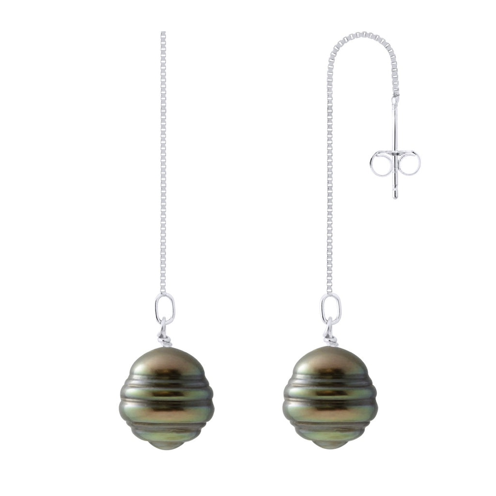 Boucles D'Oreilles Pedantes -2 Véritables Perles De Culture De Tahiti Cerclées 10-11 Mm