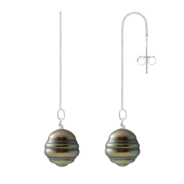 Boucles D'Oreilles Pedantes -2 Véritables Perles De Culture De Tahiti Cerclées 10-11 Mm