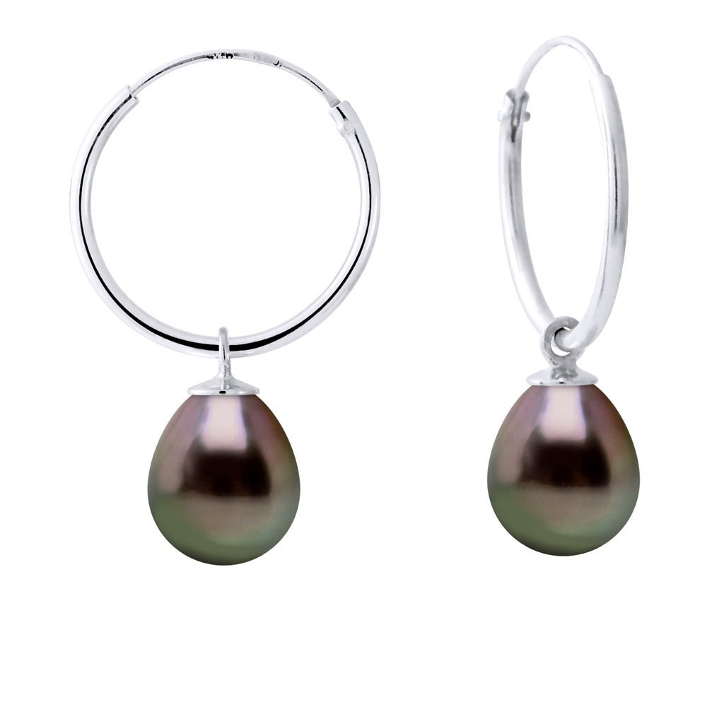 Boucles D'Oreilles En Argent 925 Millièmes Rhodié Et Véritables Perles De Culture De Tahiti Poires 8-9 Mm