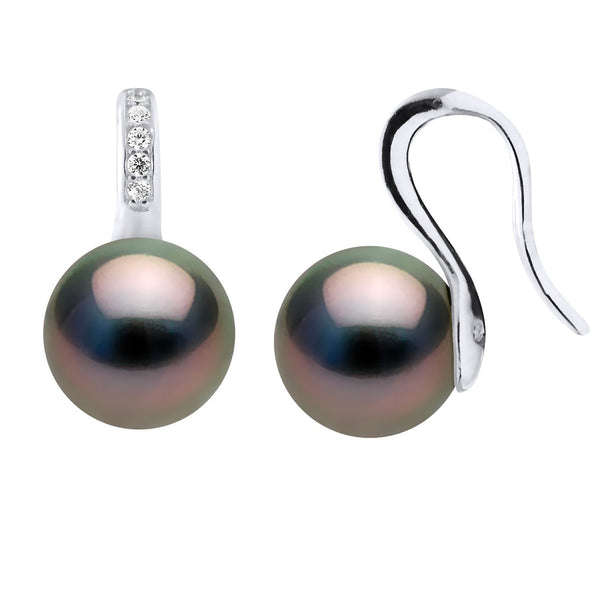 Boucles D'Oreilles Pendantes Perles De Tahiti Rondes 9-10 Mm - Système Crochet - Joaillerie Argent - Kondaka