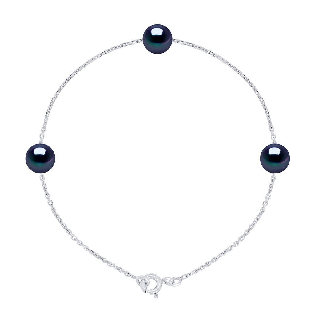 Bracelet Chainage 3 Perles Rondes 7-8 Mm - Plusieurs Coloris - Argent 925 - Grimaud