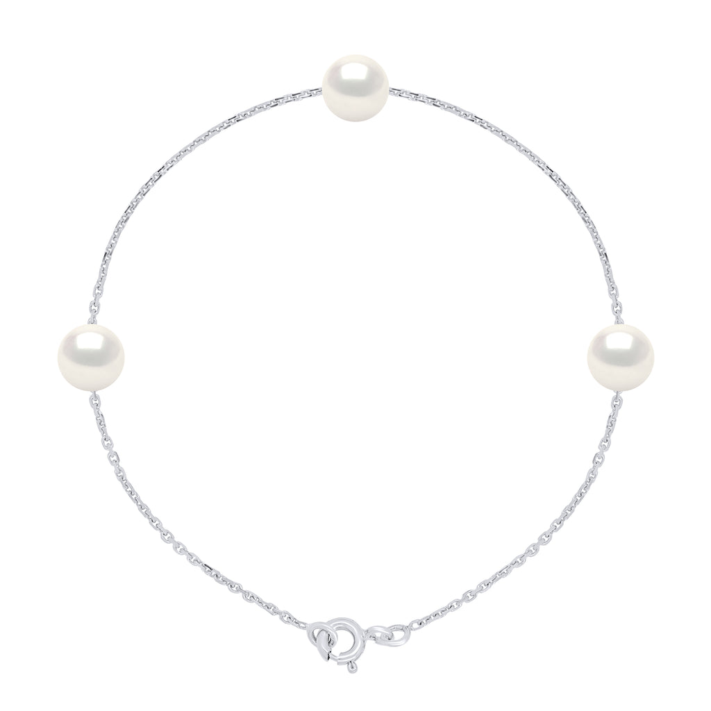 Bracelet Chainage 3 Perles Rondes 7-8 Mm - Plusieurs Coloris - Argent 925 - Grimaud