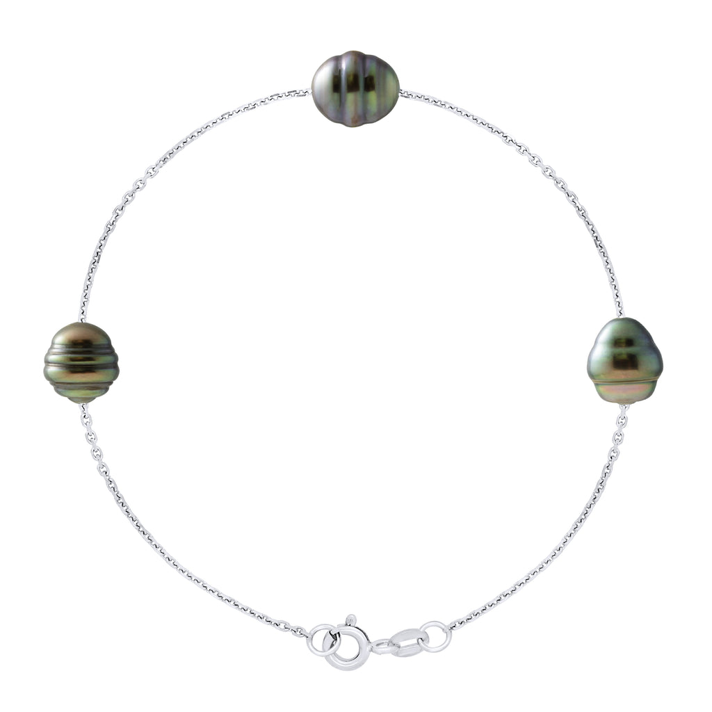 Bracelet 3 Véritables Perles De Culture De Tahiti Cerclées 8-9 Mm