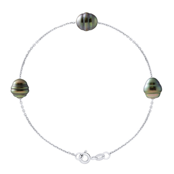 Bracelet 3 Véritables Perles De Culture De Tahiti Cerclées 8-9 Mm