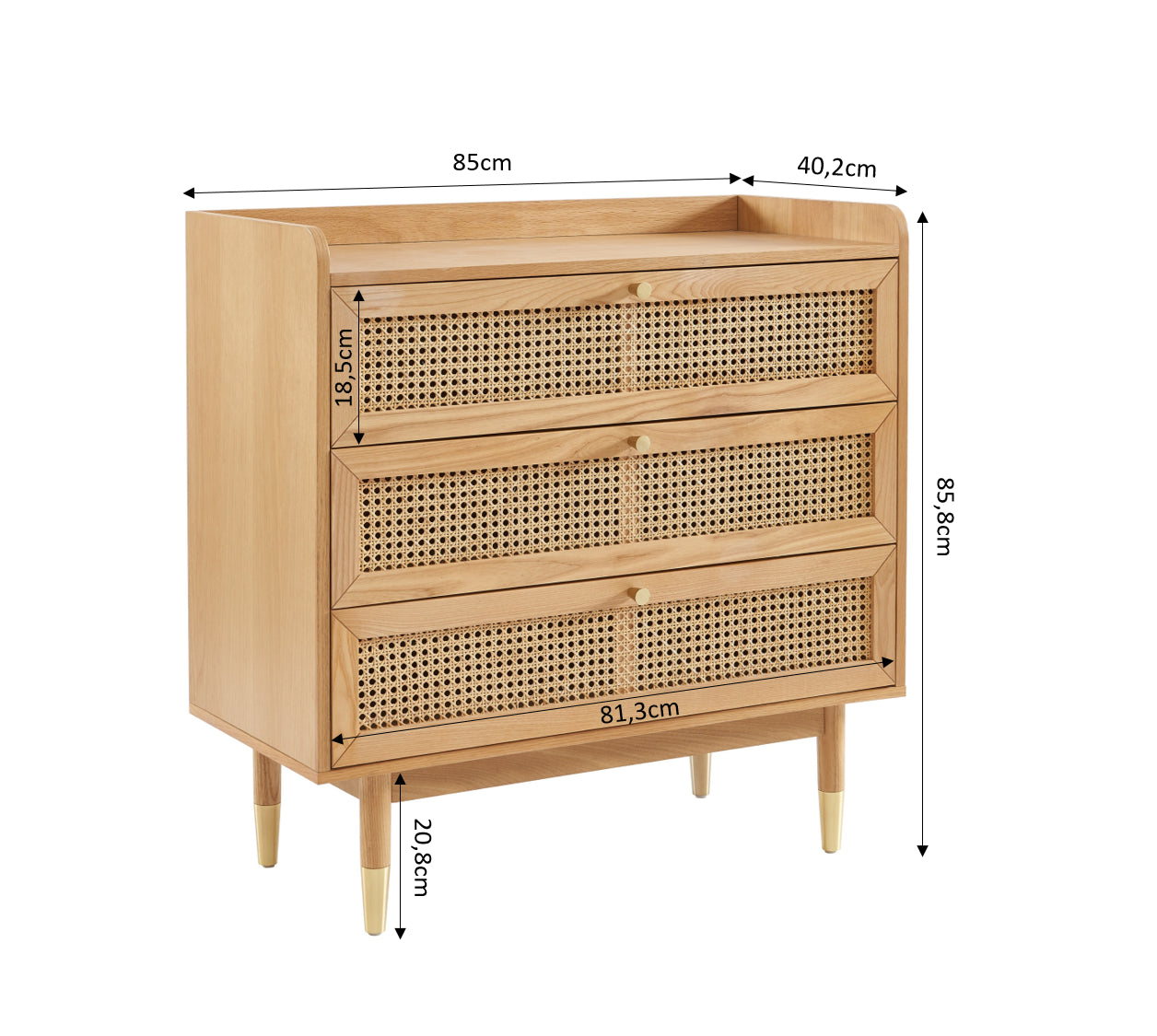 Commode Leon - Placage Chêne Et Cannage Rotin 3 Tiroirs