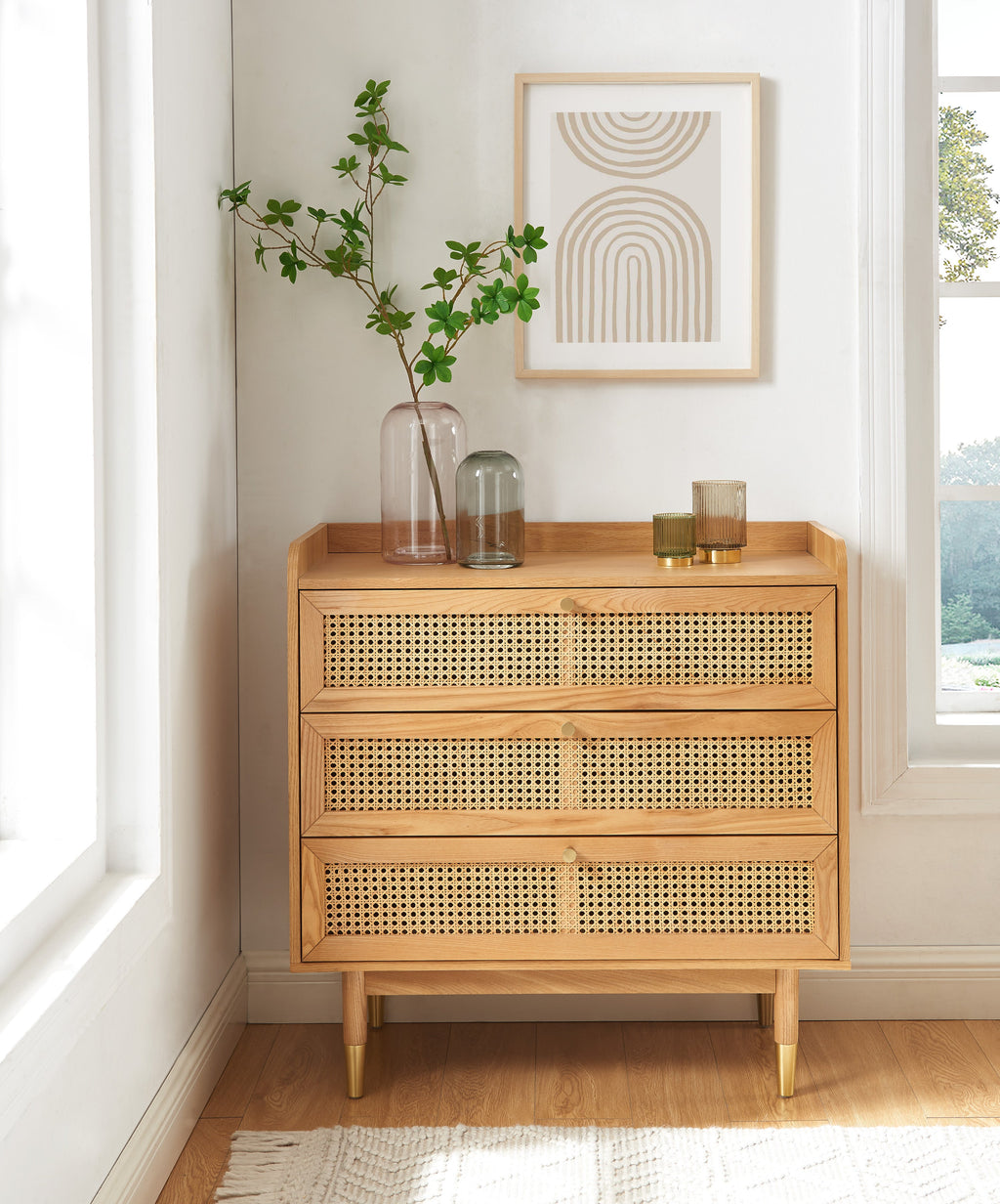 Commode Leon - Placage Chêne Et Cannage Rotin 3 Tiroirs