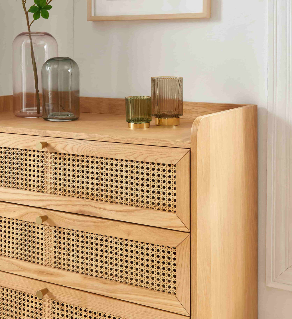 Commode Leon - Placage Chêne Et Cannage Rotin 3 Tiroirs