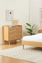 Commode Leon - Placage Chêne Et Cannage Rotin 3 Tiroirs