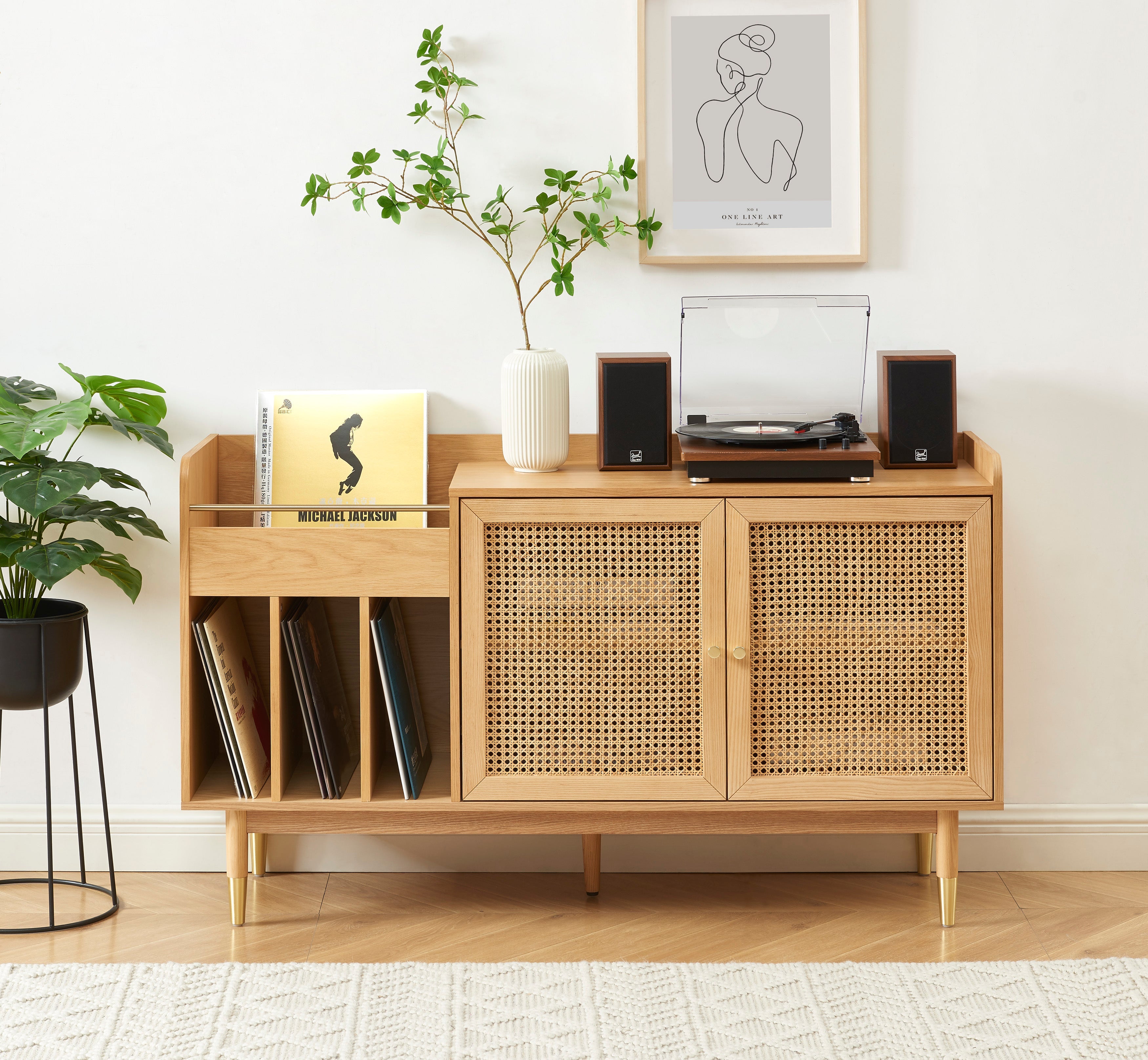 Meuble Vinyle Leon - Placage Chêne Et Cannage Rotin