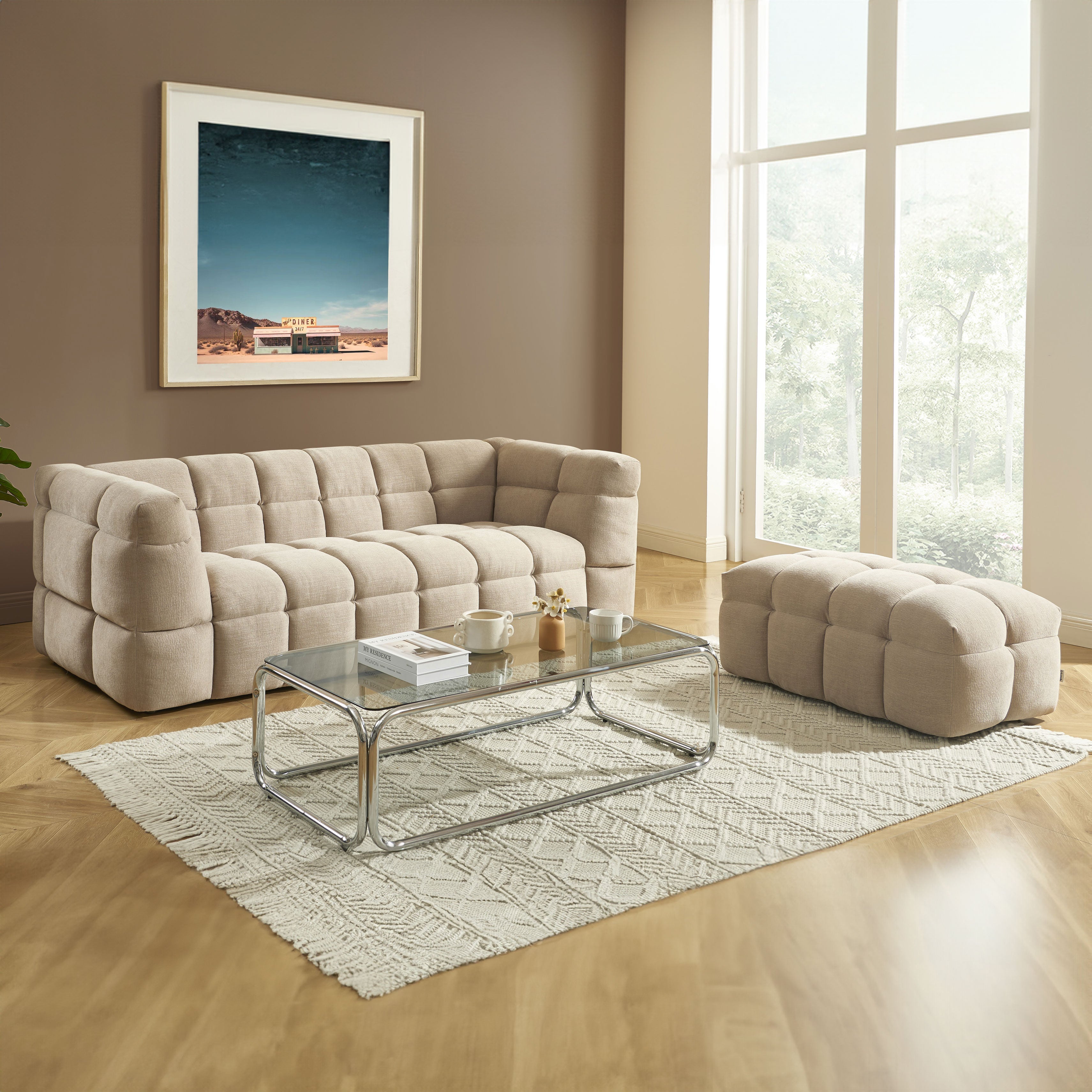 Ensemble Canapé Droit 3 Places + Pouf Moody - Tissu Lin Beige