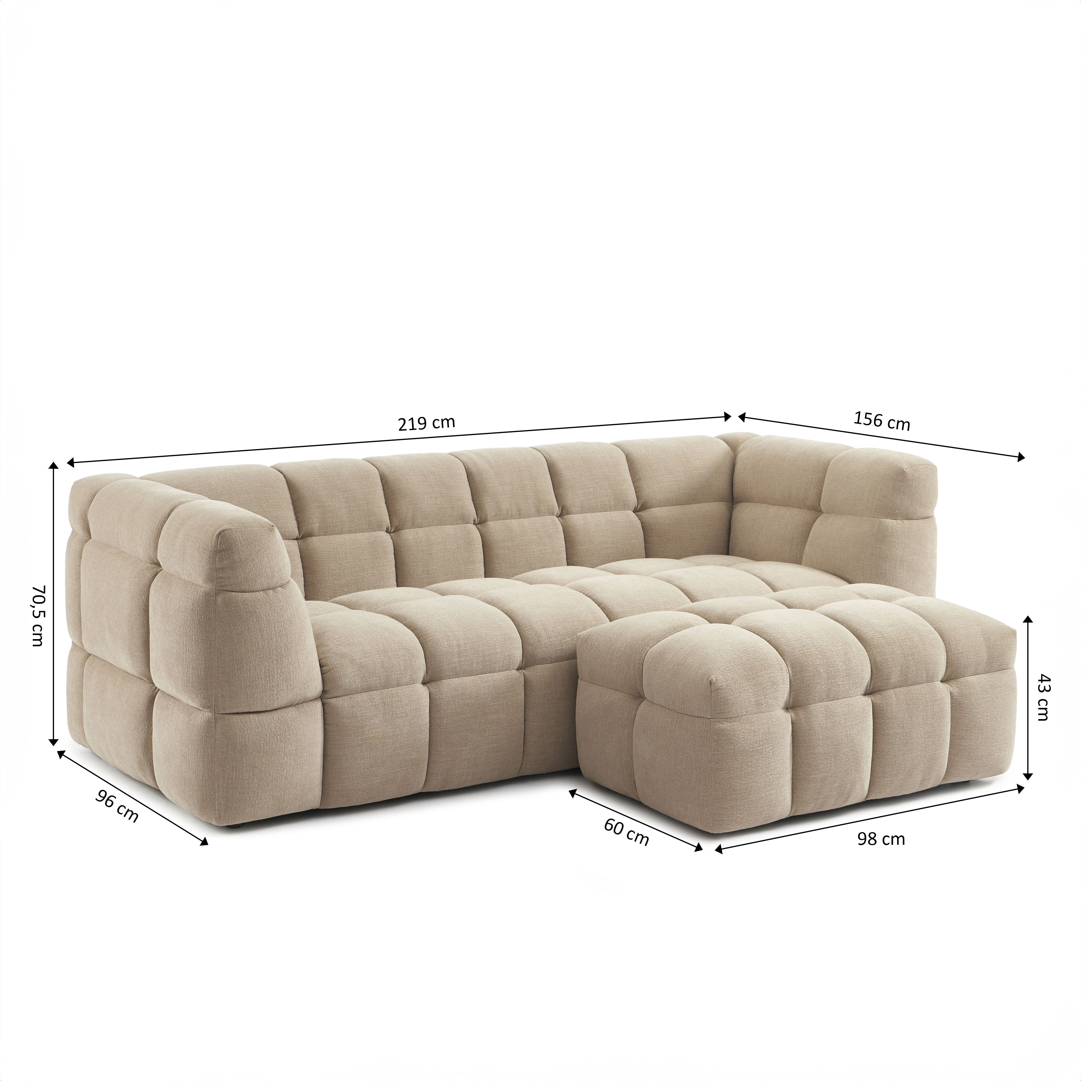 Ensemble Canapé Droit 3 Places + Pouf Moody - Tissu Lin Beige