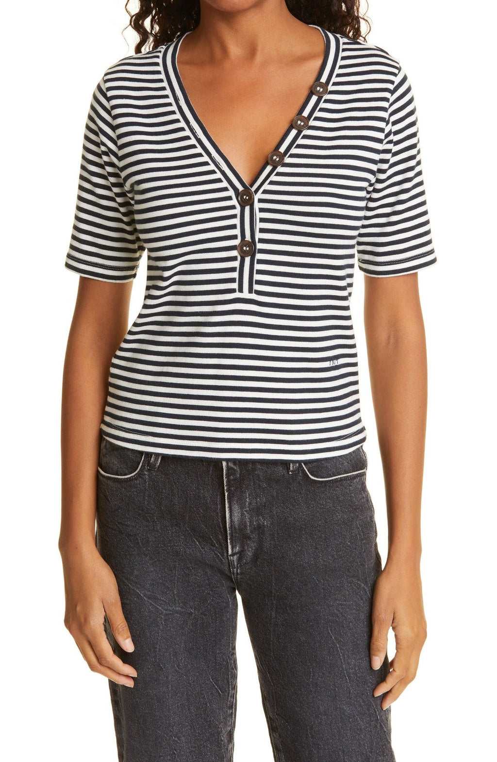 Top Button Up Ss Henley - Navy Multi