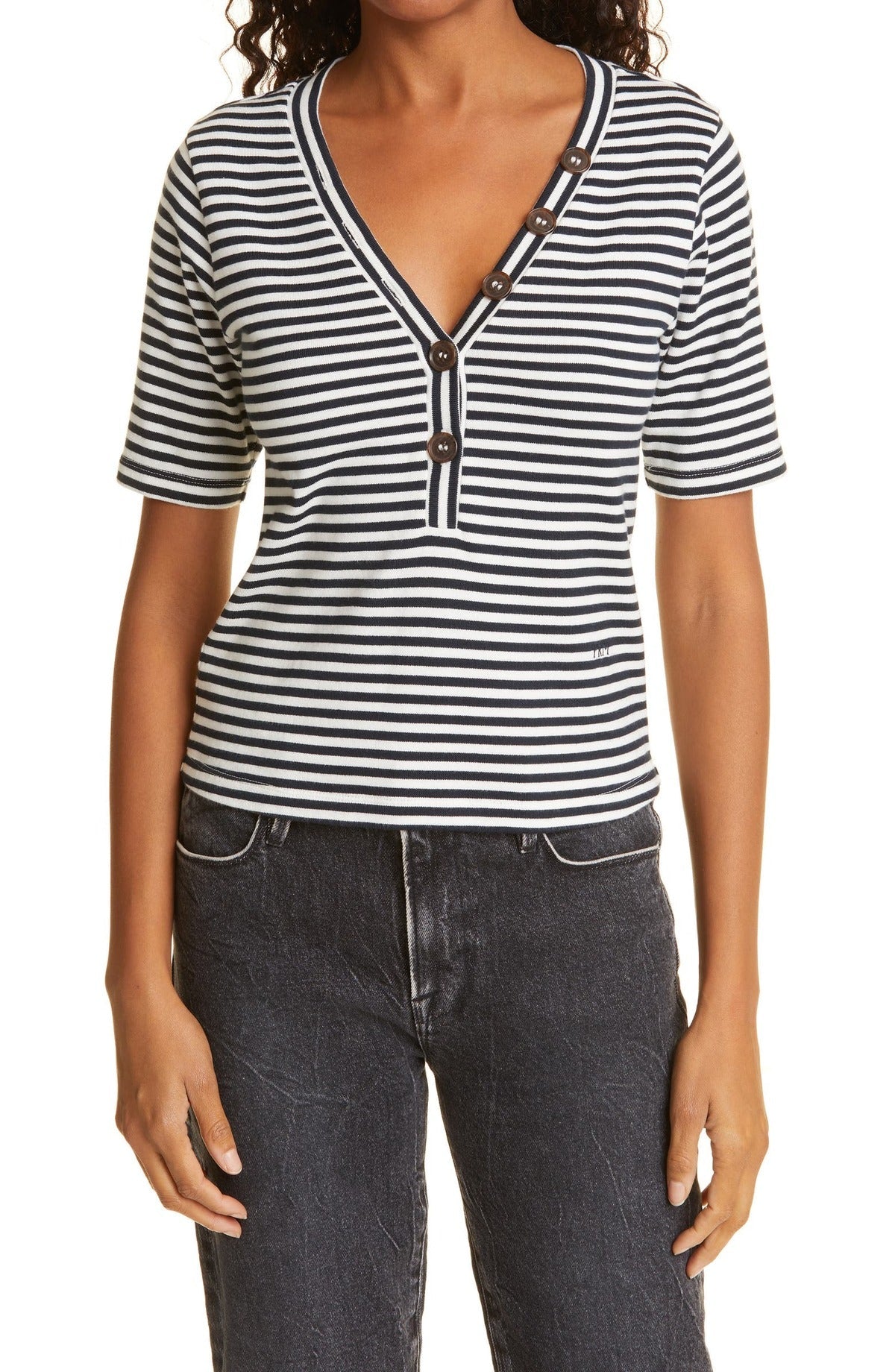 Top Button Up Ss Henley - Navy Multi