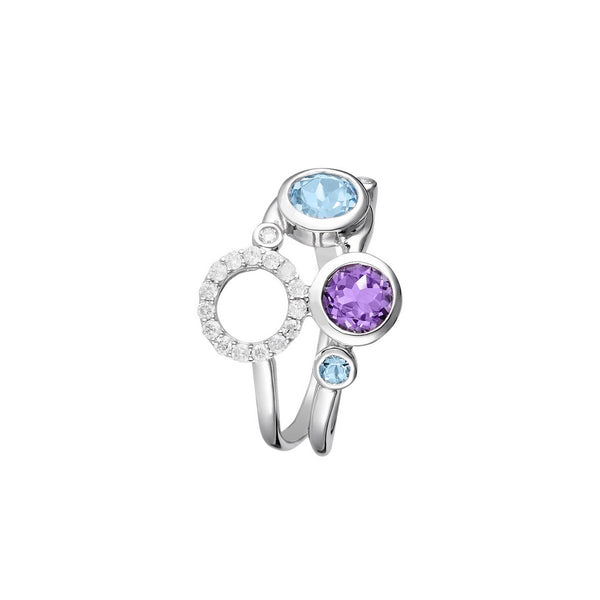 Bague "Sunday" Diamants 0,18/17 Et Topaze, Améthyste 1,80/3 - Or Blanc 375/1000