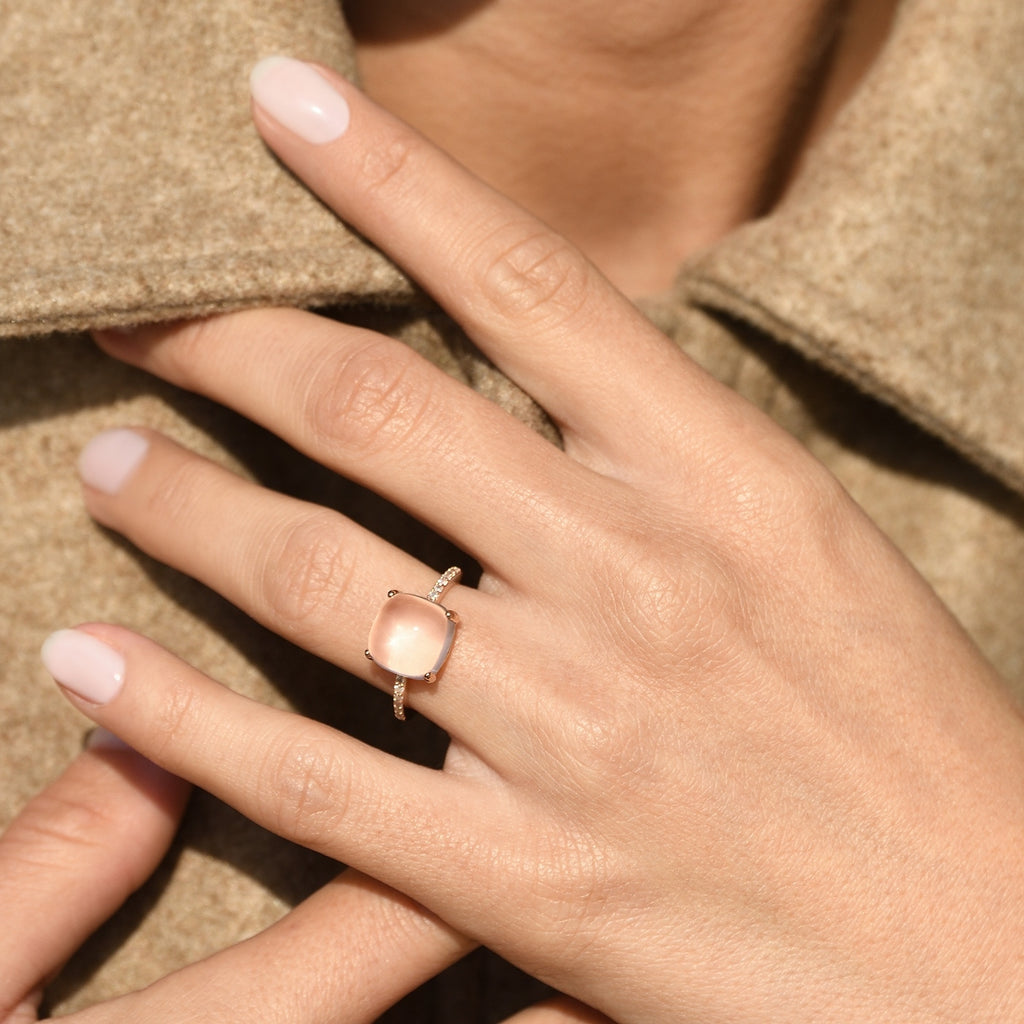 Bague "Rose Dragée" D0,11/12 & Quartz Rose 4,8/1 - Or Rose 375/1000