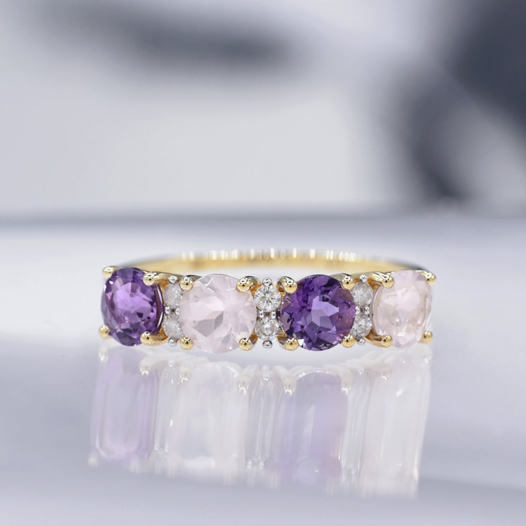 Bague "Carat Color" D0,09/6 & Rose Quartz 0,96/2 & Améthyste 0,74/2 - Or Jaune 375/1000