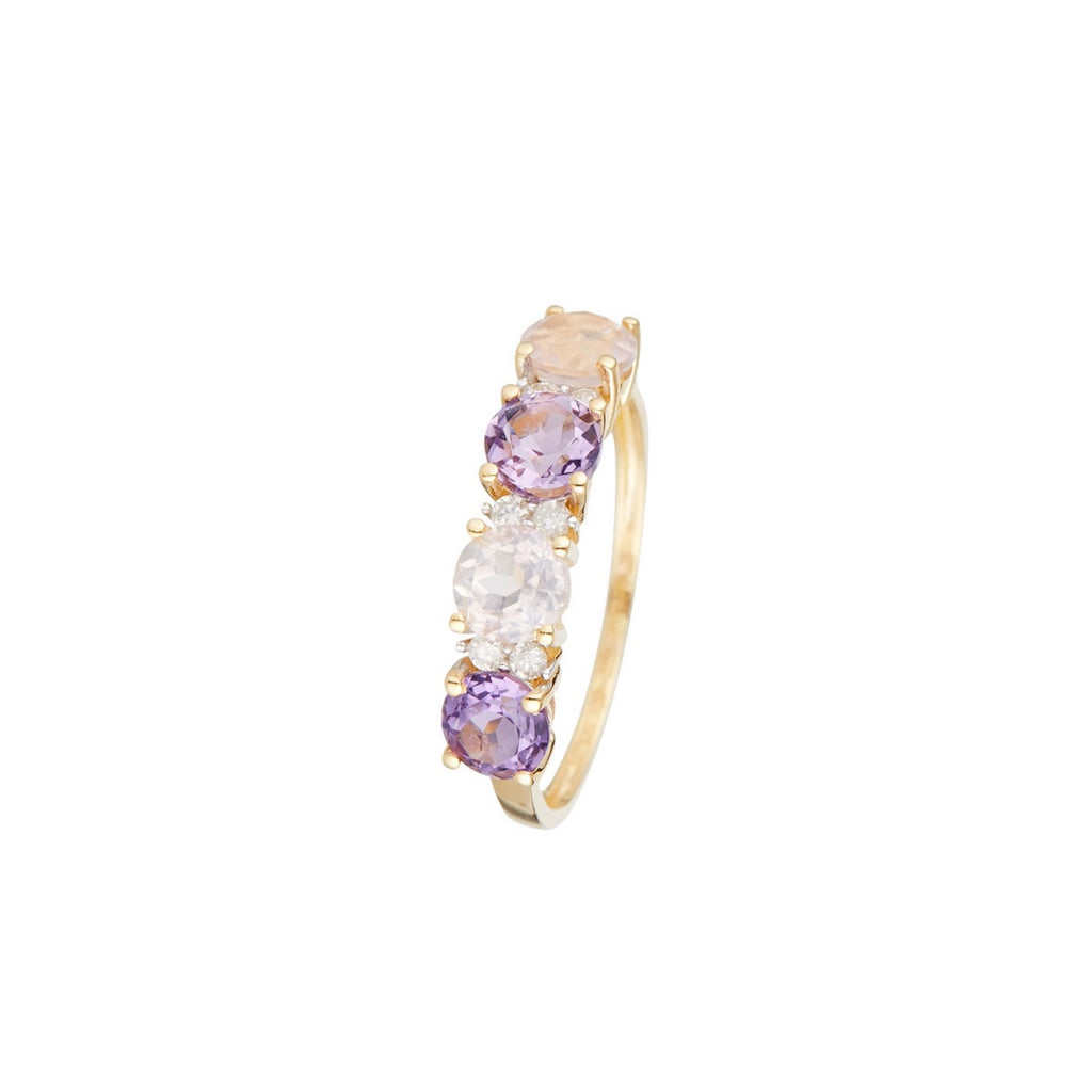 Bague "Carat Color" D0,09/6 & Rose Quartz 0,96/2 & Améthyste 0,74/2 - Or Jaune 375/1000