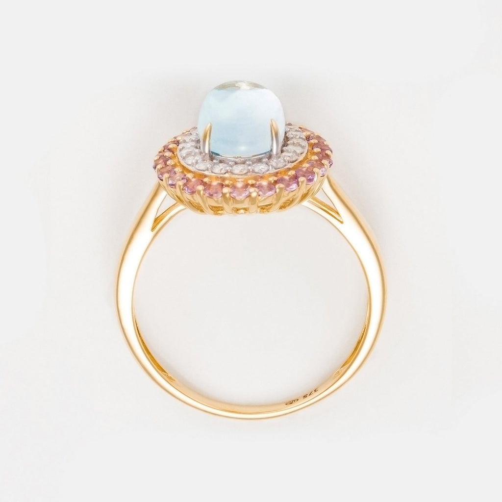 Bague "Apayao" Diamants 0,19/20, Améthyste Rose 0,40/22 Et Topaze Bleue 1,7 - Or Jaune 375/1000