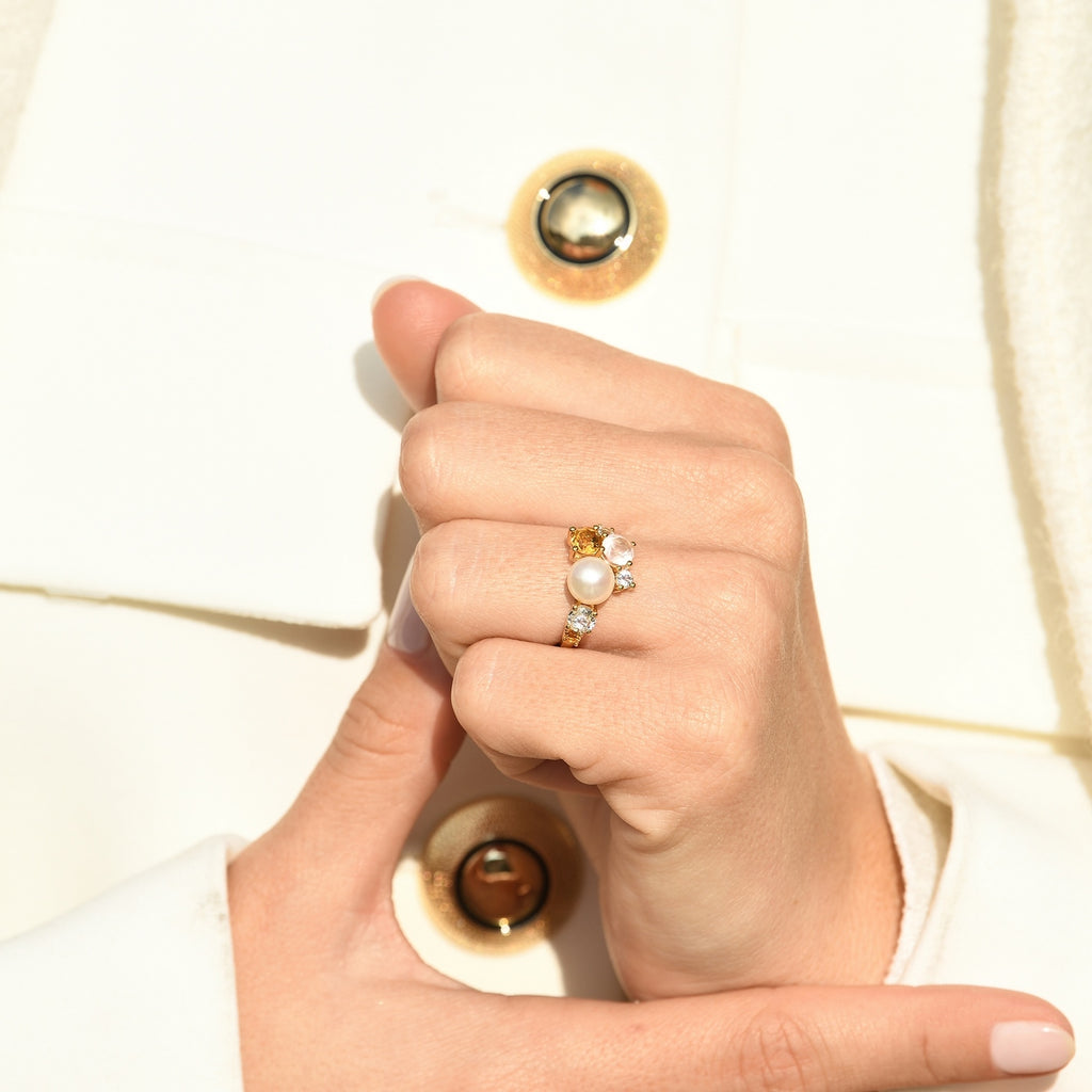 Bague "Pikine" White Topaze 0,67/3 Citrine 0,53/2 Rose Quartz 0,60/1 Perle 1 - Or Jaune 375/1000
