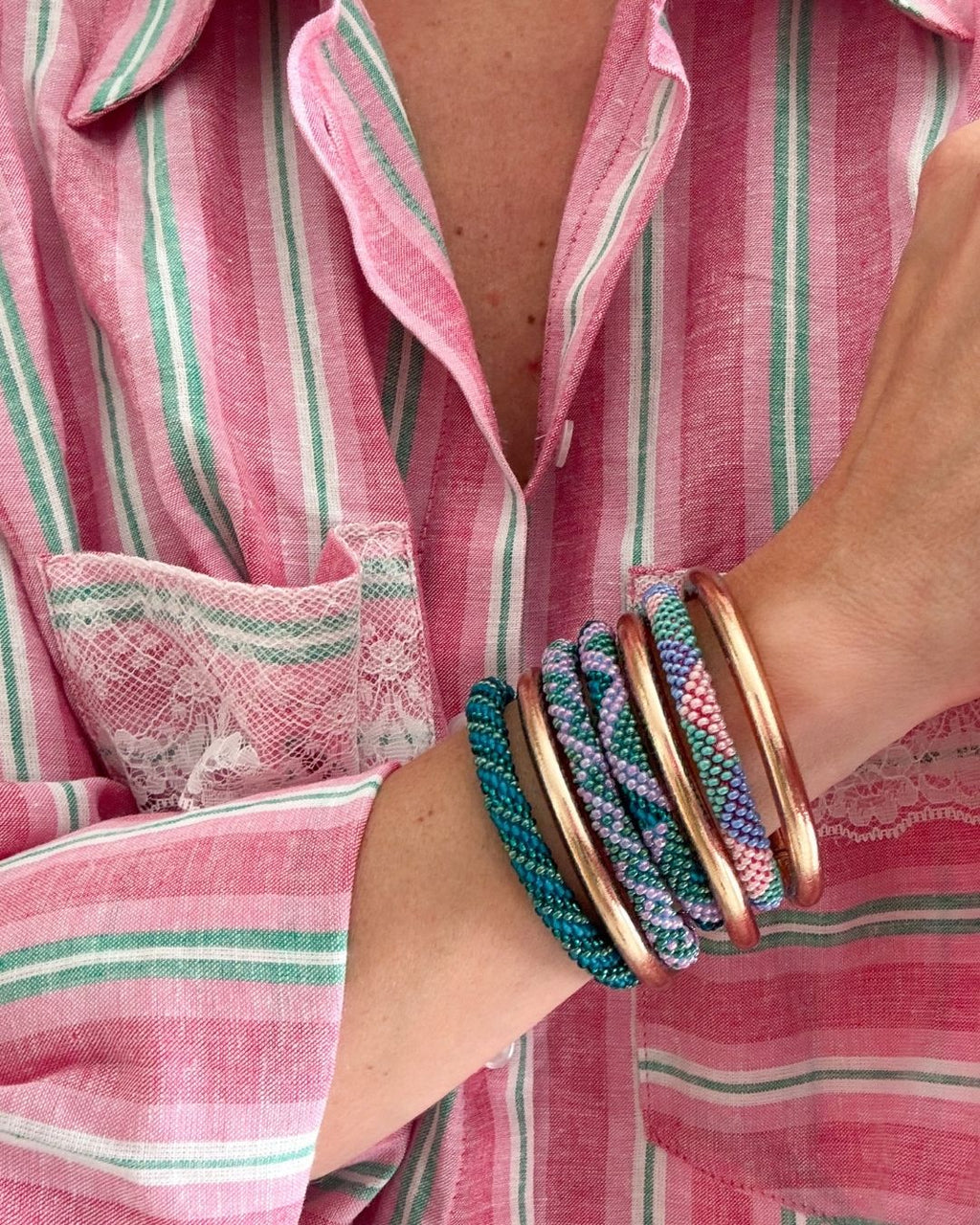 Bracelet Népalais #103 - Vert, Bleu Et Rose