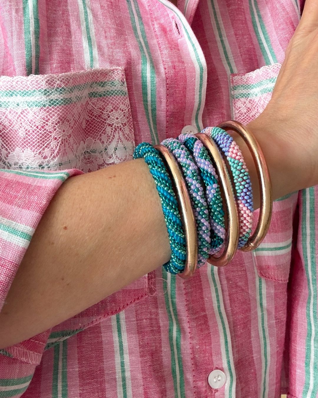 Bracelet Népalais #103 - Vert, Bleu Et Rose